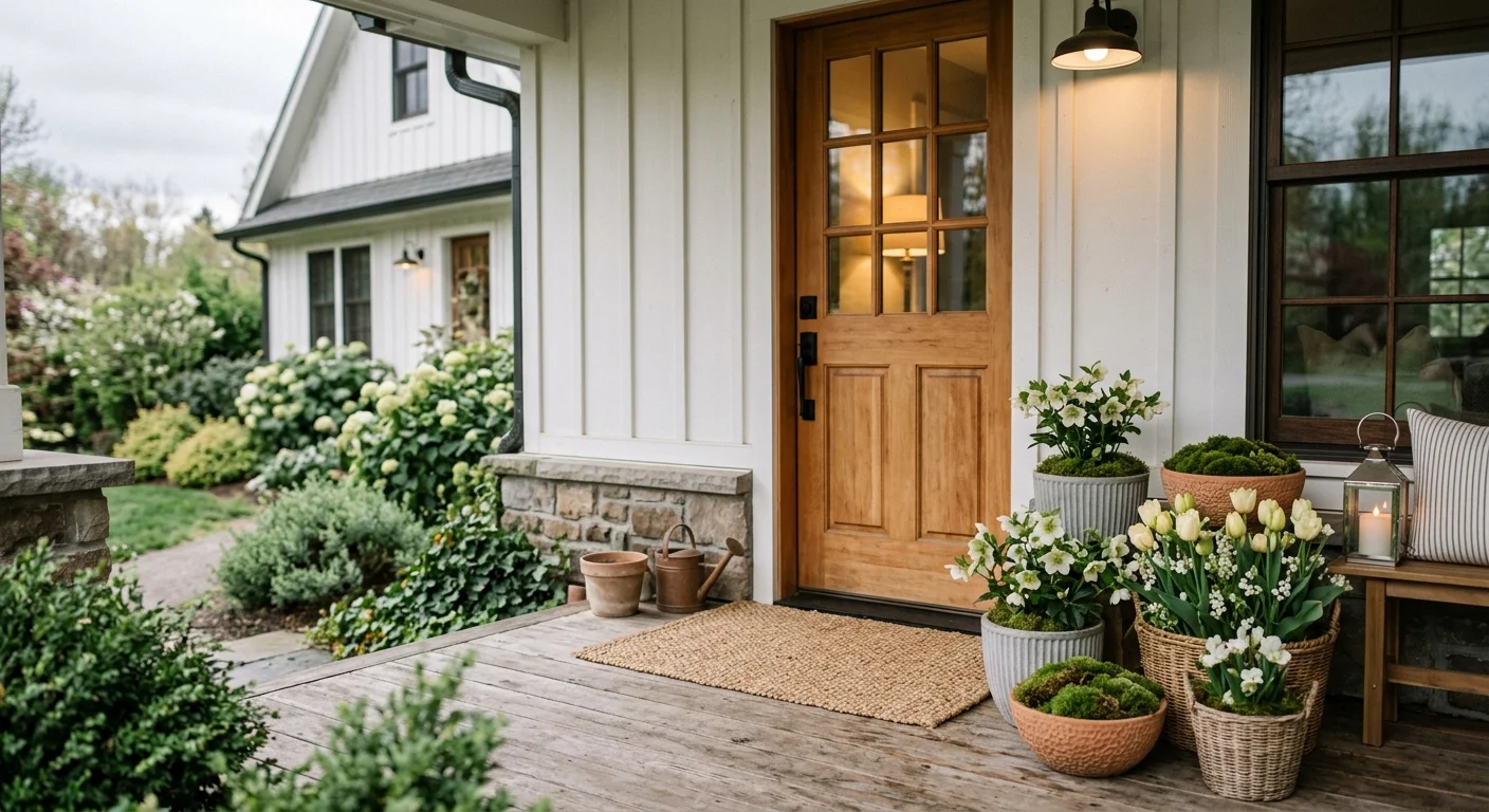An inviting front porch with a warm wood door, decorated with a layered arrangement of spring planters and a woven jute doormat.
