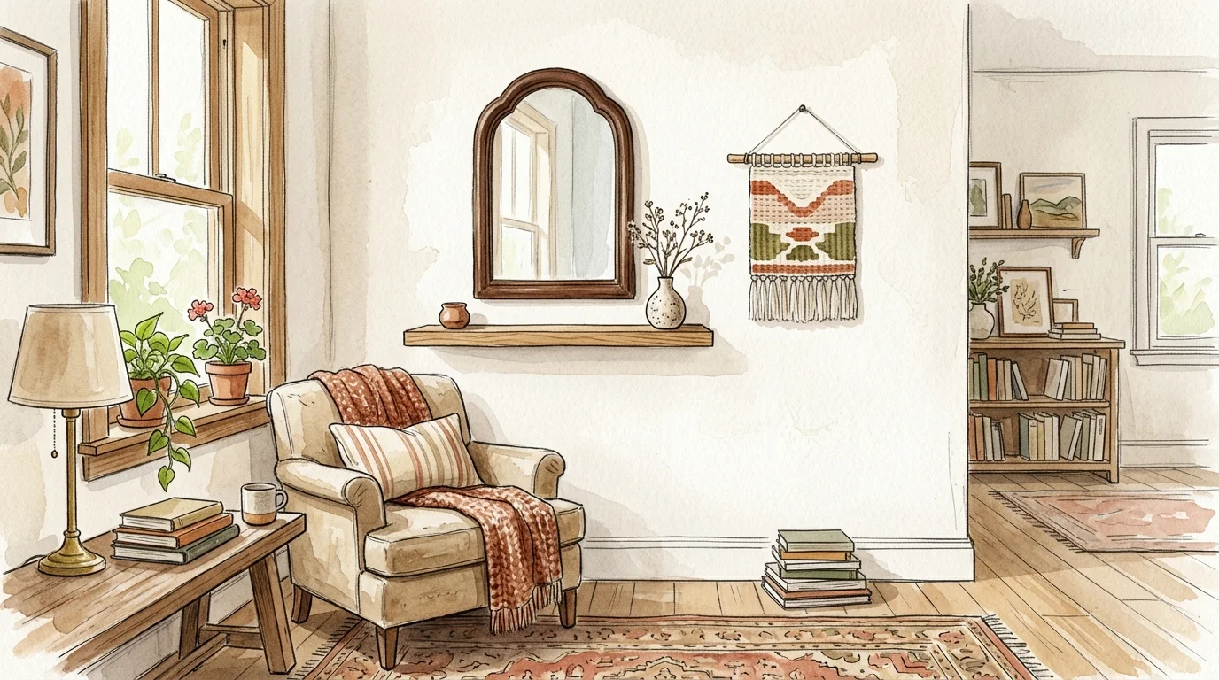 An inviting watercolor sketch of a living room corner displaying a balanced wall arrangement with a shelf, mirror, and textile.