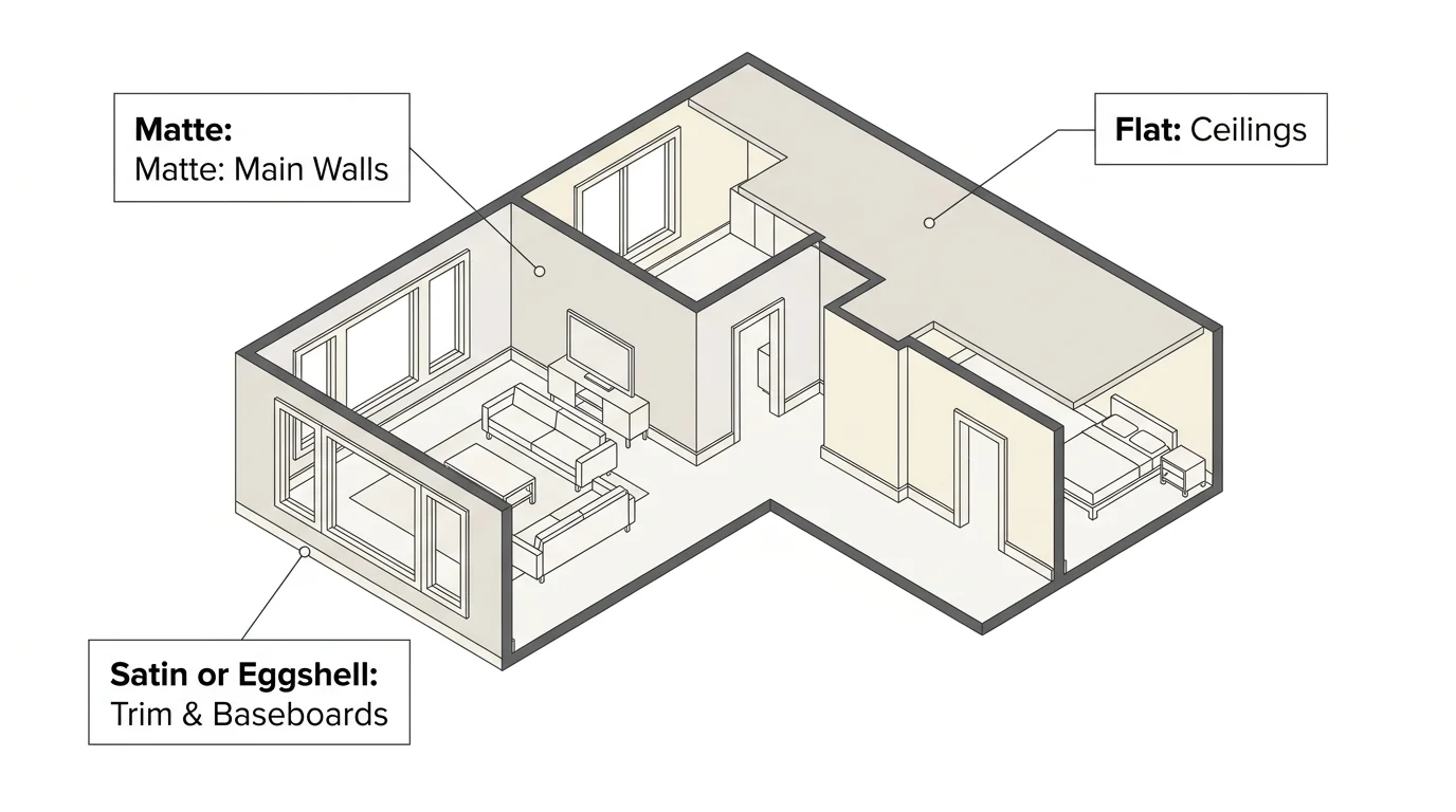 An isometric architectural diagram showing where to apply matte, satin, eggshell, and flat paint finishes in an open floor plan.