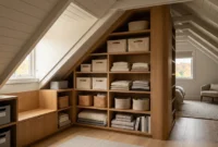 An organized attic storage space with custom oak cabinetry built under sloped eaves, illuminated by warm sunlight.