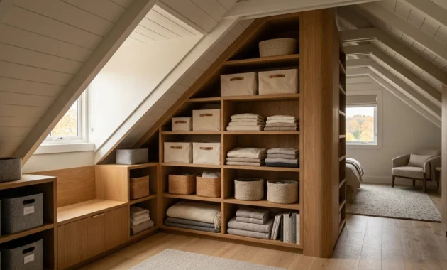 An organized attic storage space with custom oak cabinetry built under sloped eaves, illuminated by warm sunlight.