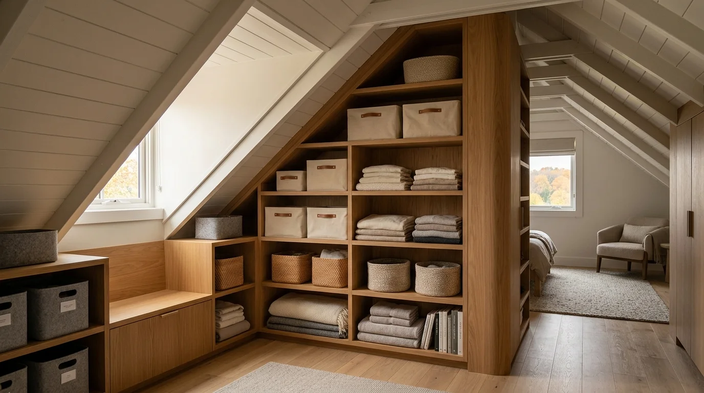 An organized attic storage space with custom oak cabinetry built under sloped eaves, illuminated by warm sunlight.