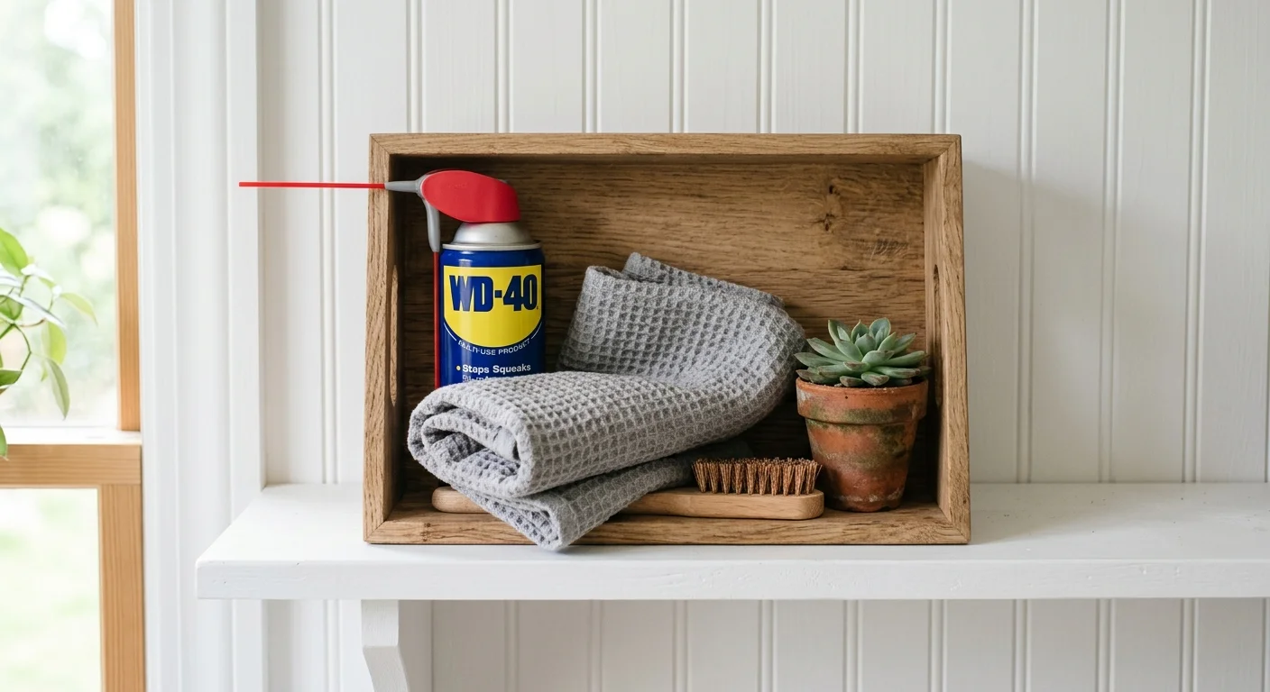 An organized utility tray on a white shelf holding a spray can, a grey cloth, a brush, and a small succulent in soft daylight.