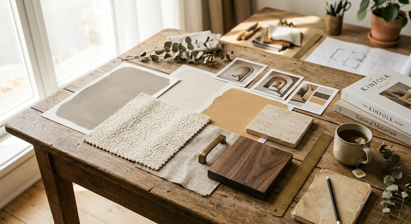 An overhead view of a designer's mood board with warm paint swatches, travertine, wood samples, and fabric.
