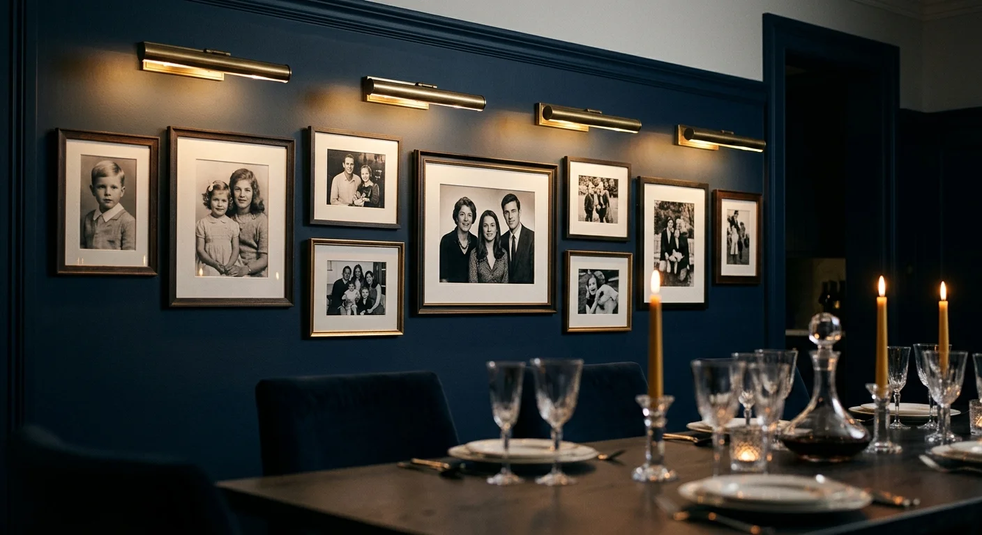 Brass picture lights illuminate a gallery wall of framed vintage family photos above a candlelit dining table.