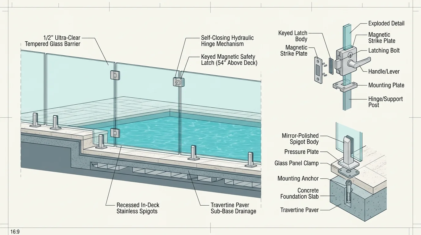 Diagram of a glass pool fence installation with detailed callouts for magnetic safety latches and mounting spigots.