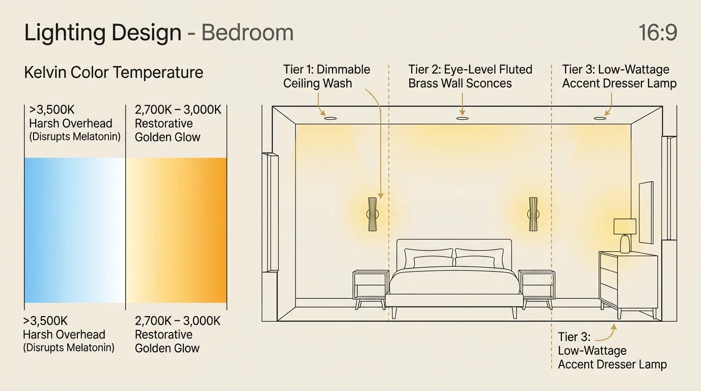 Bedroom lighting diagram comparing harsh blue over 3,500K light with warm 2,700K to 3,000K light across three layered tiers.