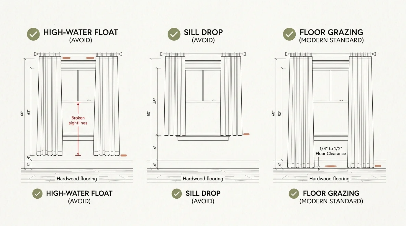 Diagram comparing three curtain lengths: high-water float, sill drop, and floor grazing with labeled measurements.