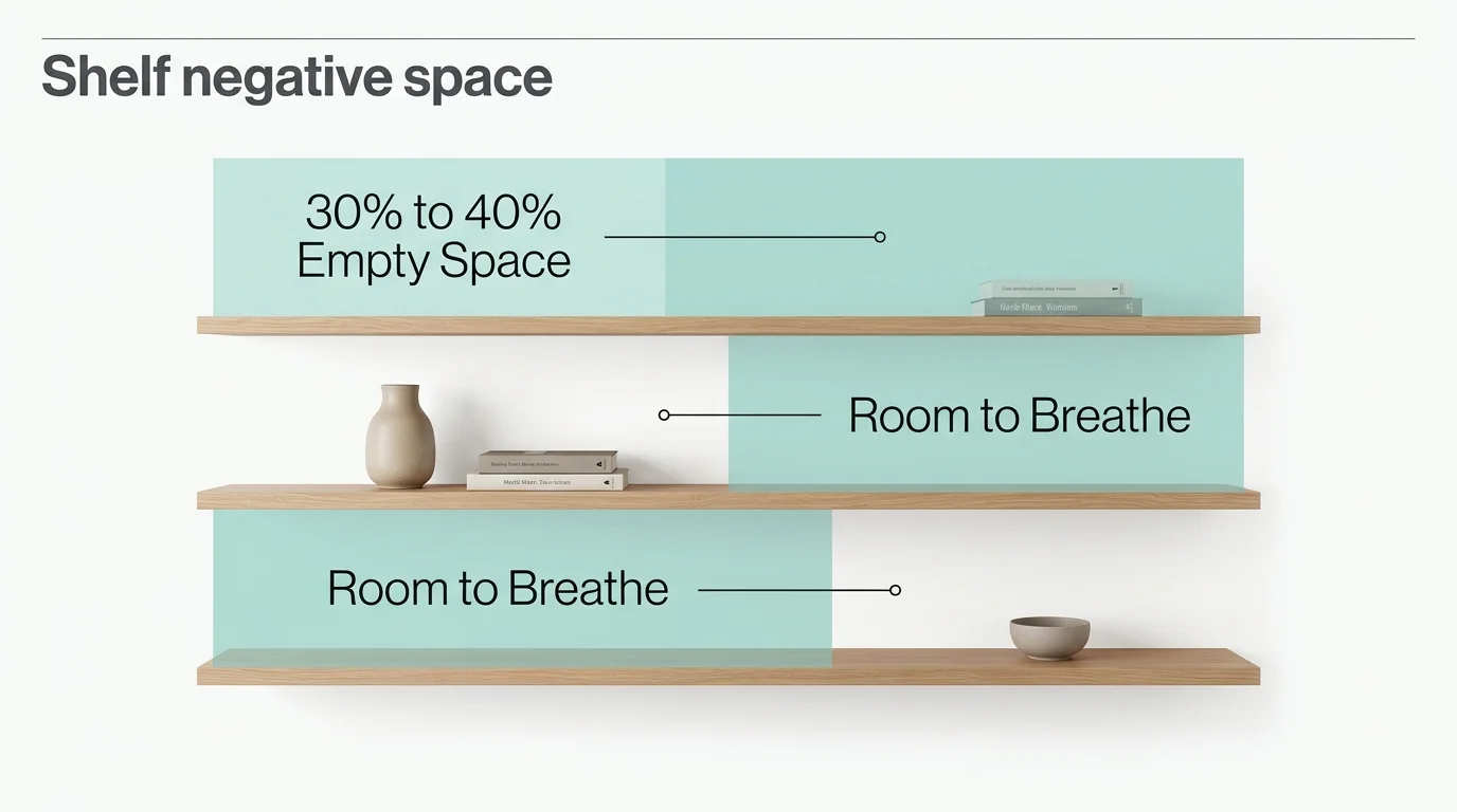 Architectural diagram of floating shelves highlighting empty space with labels for 30% to 40% negative space.