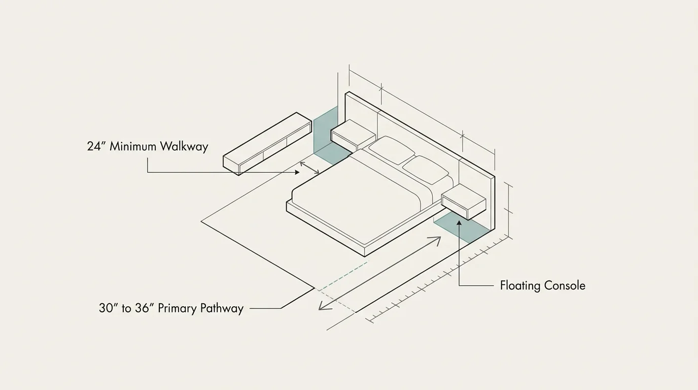Architectural diagram showing a floating nightstand and bed with labeled walkway clearances of 24 and 30 to 36 inches.