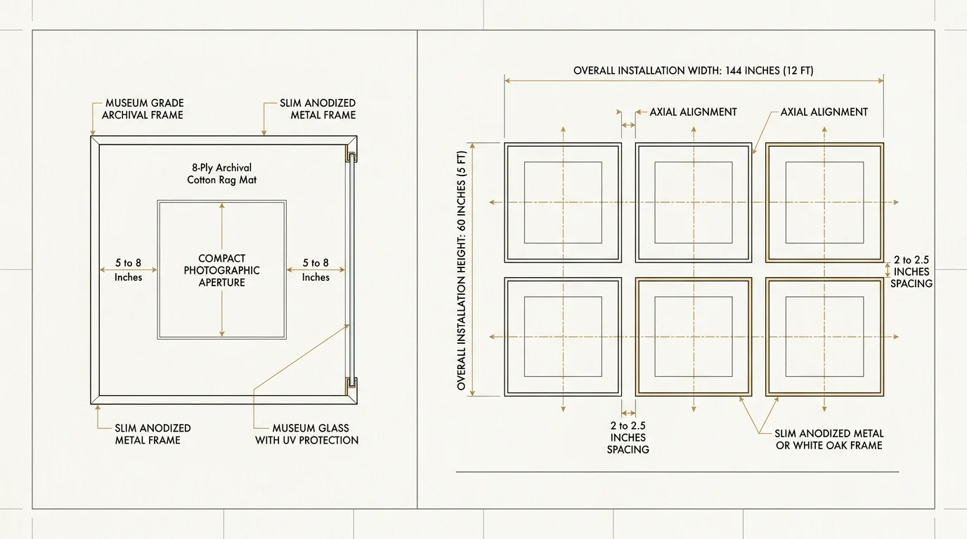 Diagram detailing frame dimensions with 5 to 8 inch mats and a 6-frame symmetrical gallery wall installation layout.
