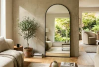 Architectural editorial photograph of a large black-steel arched floor mirror leaning against a concrete wall, reflecting a sunny window.