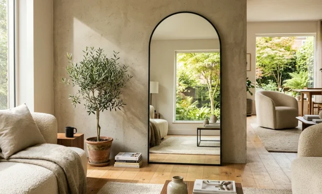 Architectural editorial photograph of a large black-steel arched floor mirror leaning against a concrete wall, reflecting a sunny window.