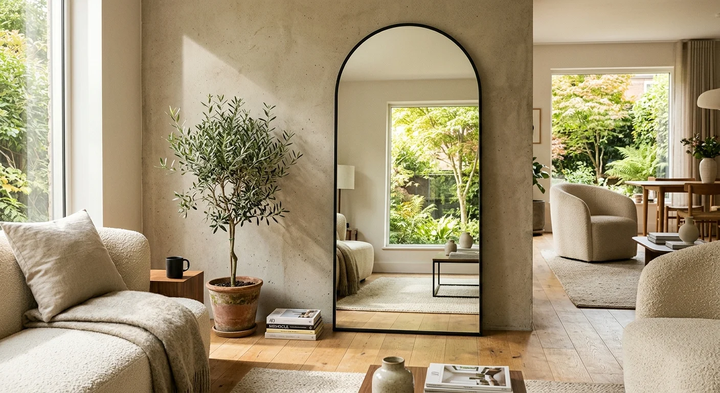 Architectural editorial photograph of a large black-steel arched floor mirror leaning against a concrete wall, reflecting a sunny window.