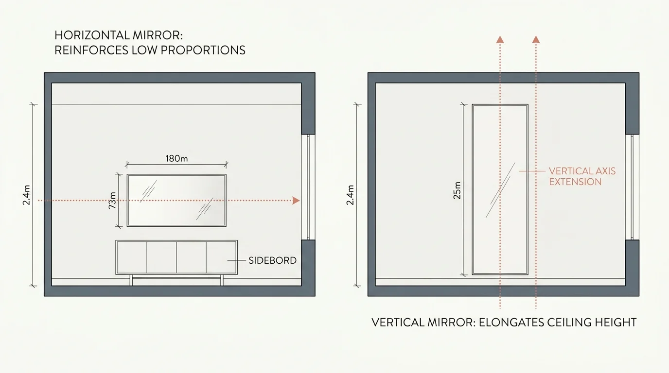 Architectural elevation diagram demonstrating how a tall, narrow vertical mirror visually extends the height of a low ceiling.