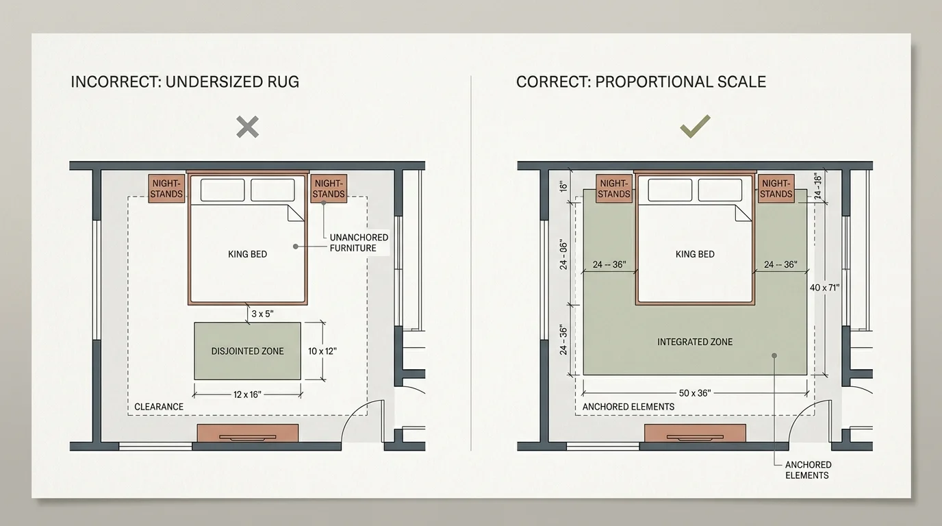 Diagram comparing an incorrect undersized bedroom rug layout with correct proportional rug placement under a king bed.