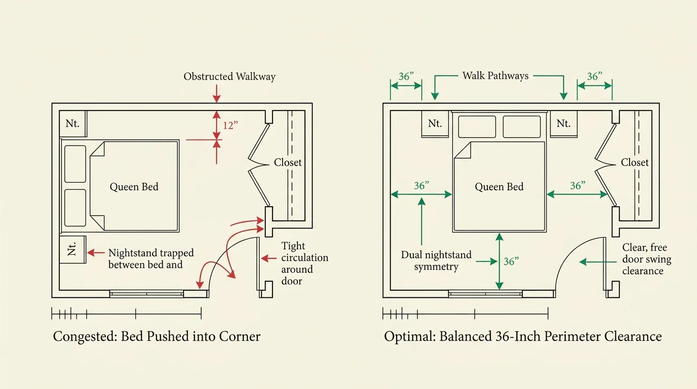 Floor plan diagram comparing a congested corner bed layout with an optimal layout featuring 36-inch clearance.