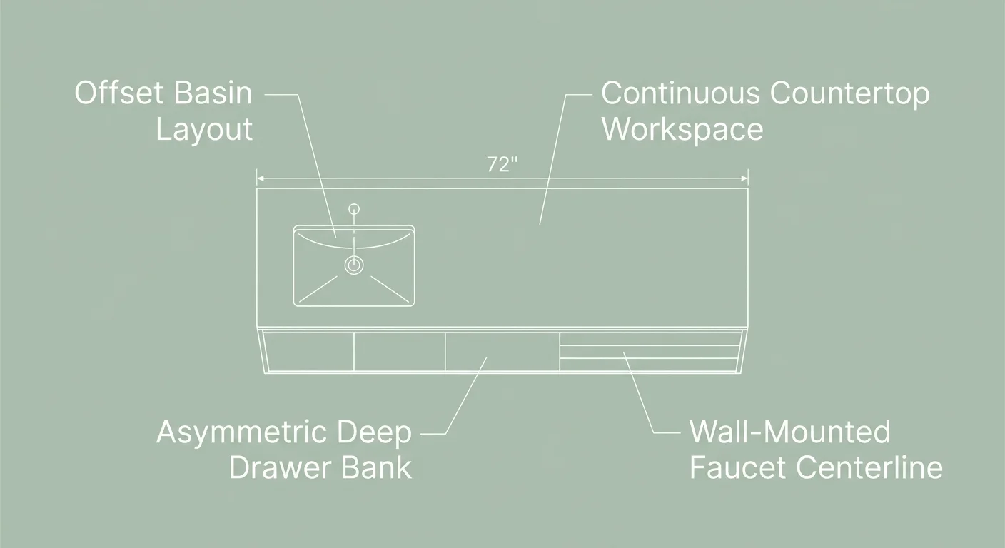 Architectural plan-view diagram showing an asymmetrical bathroom vanity layout with an offset basin and extended counter space.