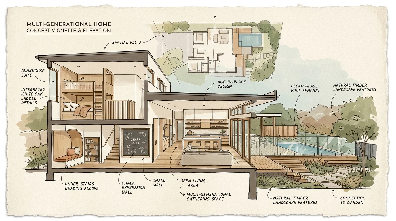 Architectural cross-section sketch and floor plan of a multi-generational home with a bunkhouse, kitchen, and pool.
