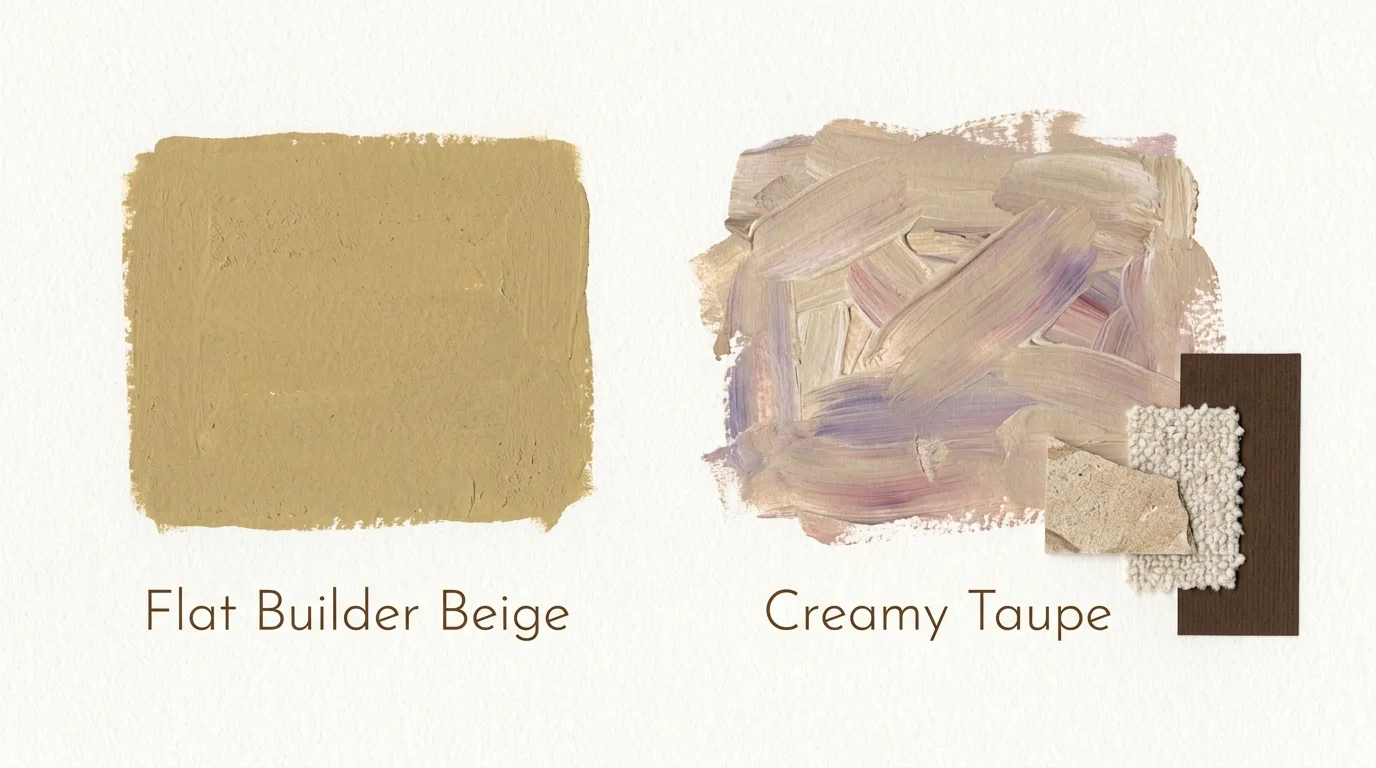Artistic paint swatches contrasting flat yellow-tan beige with a multi-layered, creamy taupe paint texture.