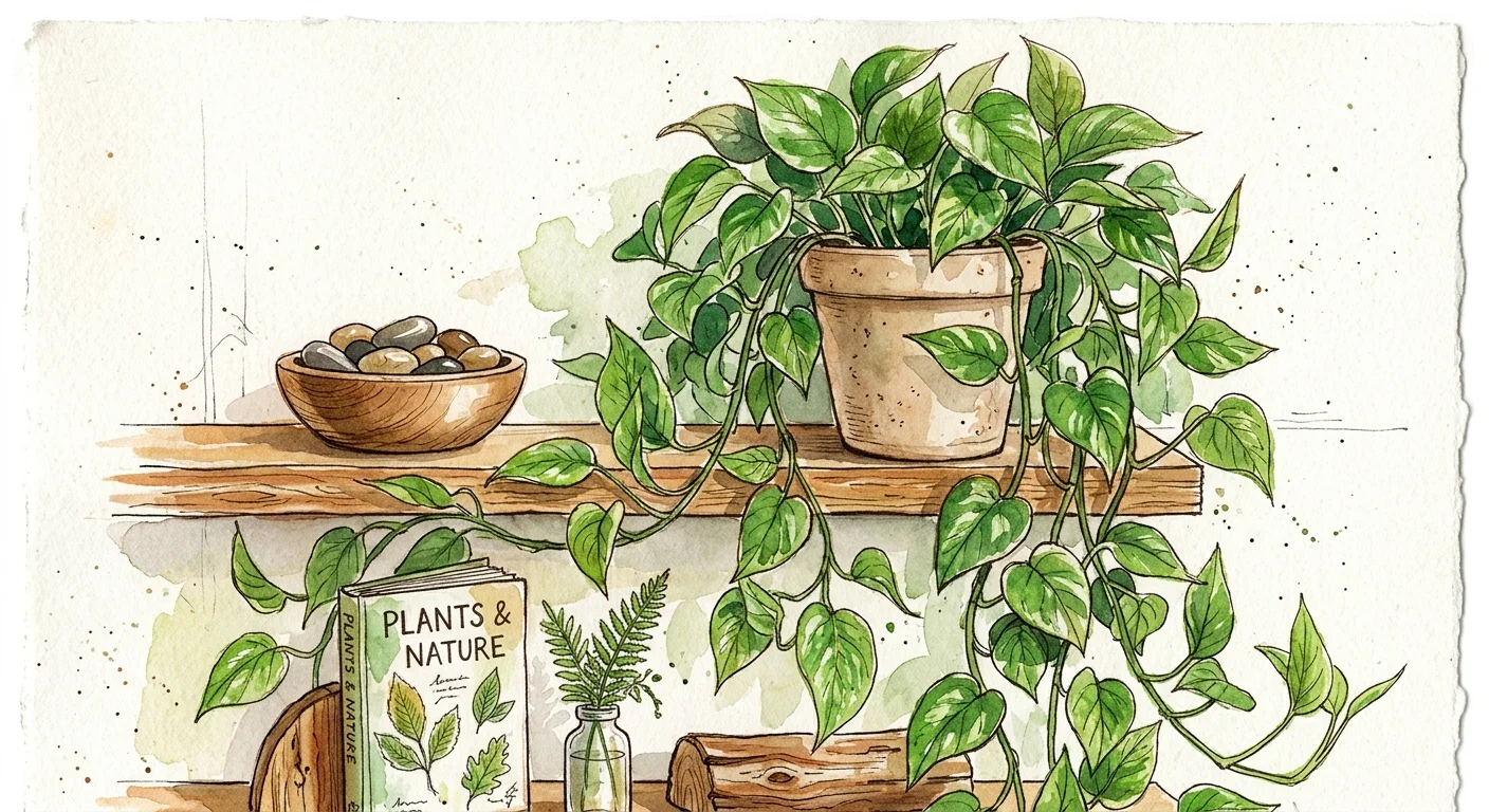 Botanical watercolor illustration of a lush trailing plant cascading down from a wooden shelf.