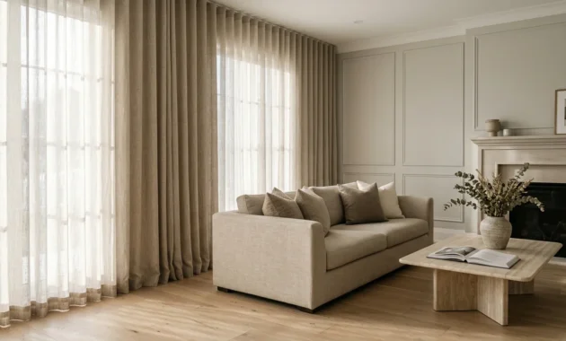 Floor-to-ceiling neutral pleated curtains beside a beige sofa, coffee table, and fireplace in a bright living room.
