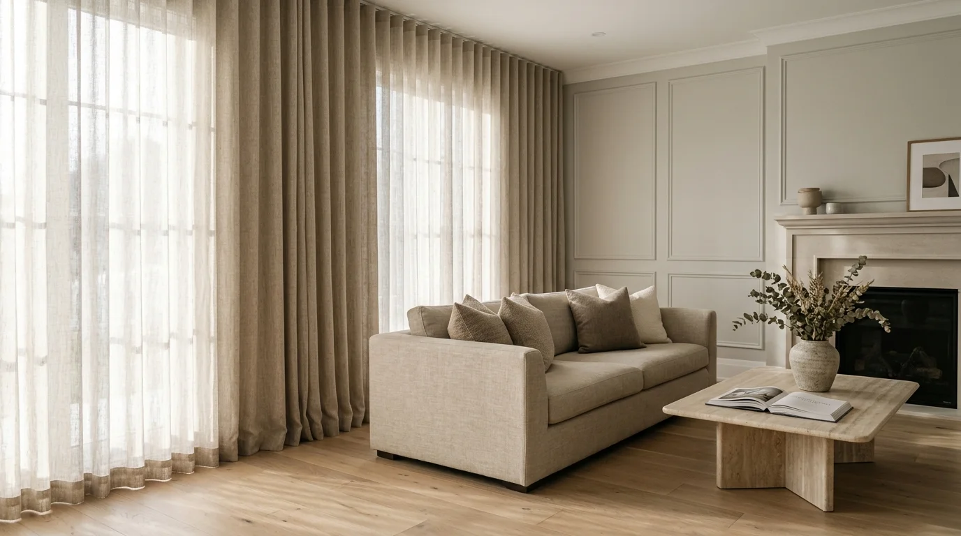 Floor-to-ceiling neutral pleated curtains beside a beige sofa, coffee table, and fireplace in a bright living room.