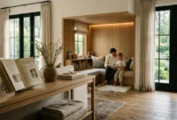 A man and young child read a book together inside a built-in wooden reading nook in a bright living room.