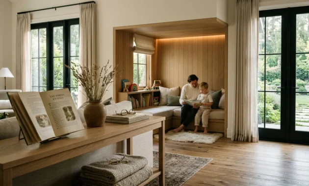 A man and young child read a book together inside a built-in wooden reading nook in a bright living room.