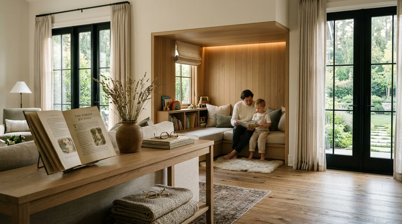 A man and young child read a book together inside a built-in wooden reading nook in a bright living room.