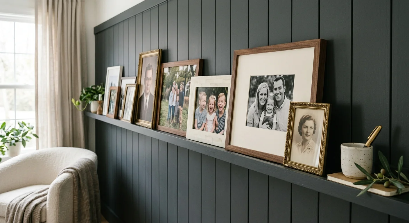 Framed family portraits displayed along a dark gray vertical panelled picture ledge in a living room.