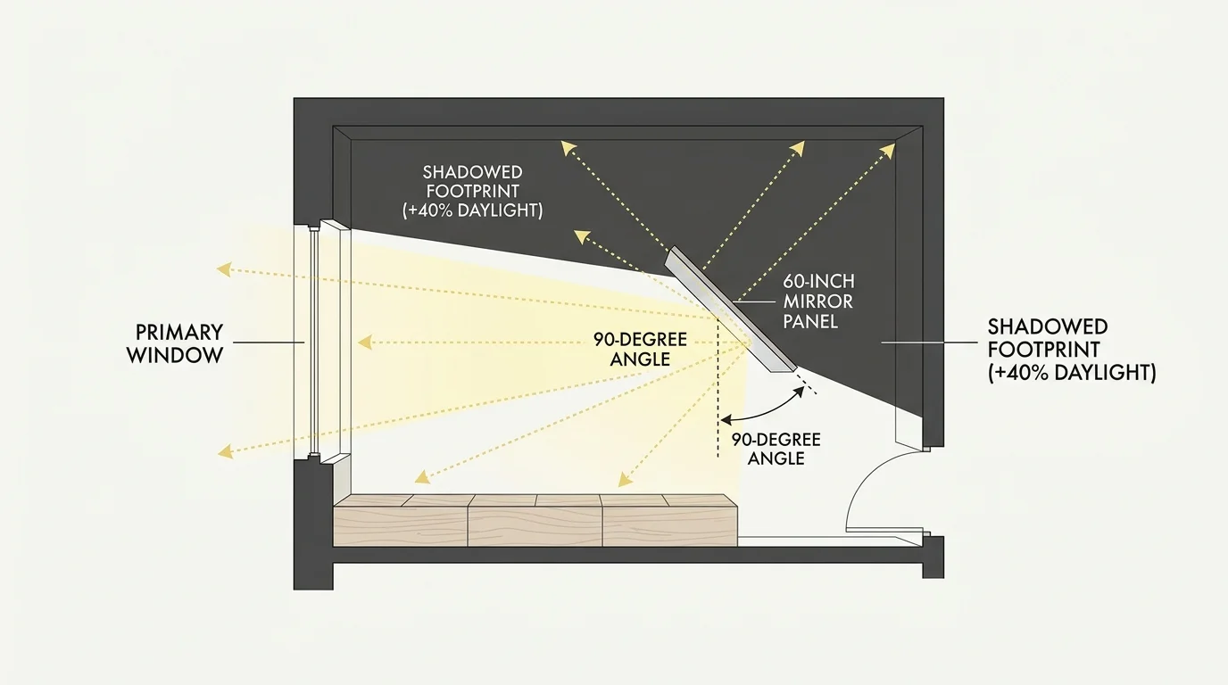Clean architectural diagram demonstrating light rays entering a window and bouncing off a mirror at a 90-degree angle.