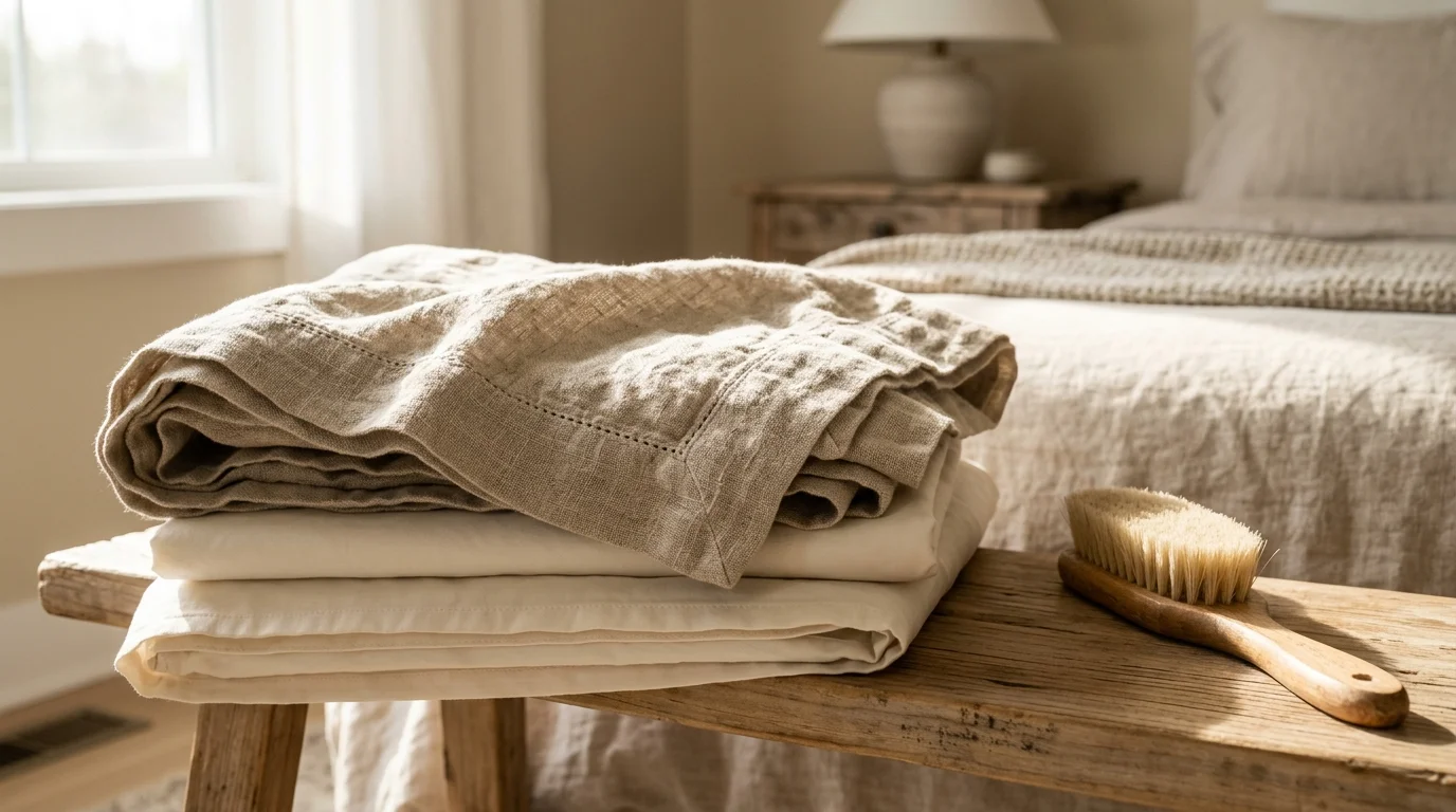 Stack of folded natural linen bedding and a wooden clothes brush on a rustic bench in a sunlit bedroom.