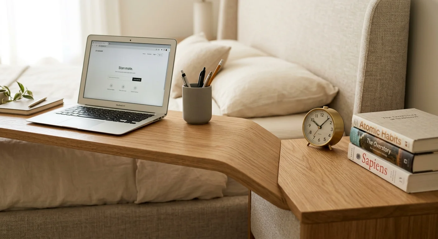 Close-up of a continuous wooden desk extending over a bed to serve as a functional floating nightstand.