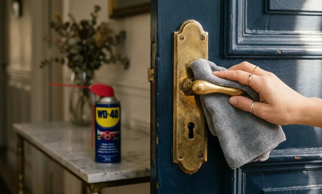 Close-up of a hand using a microfiber cloth to polish a brass door handle on a navy blue door, highlighted by warm afternoon sunlight.