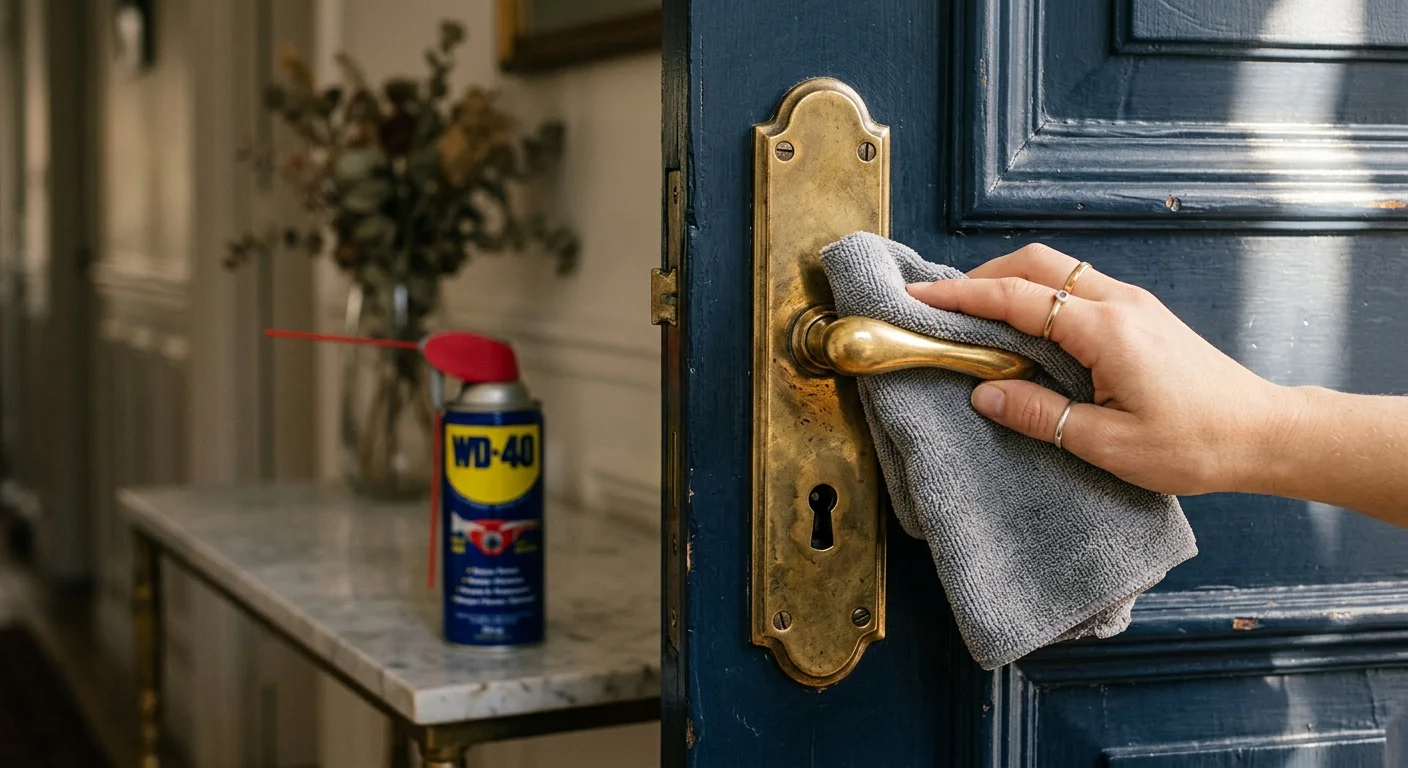 Close-up of a hand using a microfiber cloth to polish a brass door handle on a navy blue door, highlighted by warm afternoon sunlight.