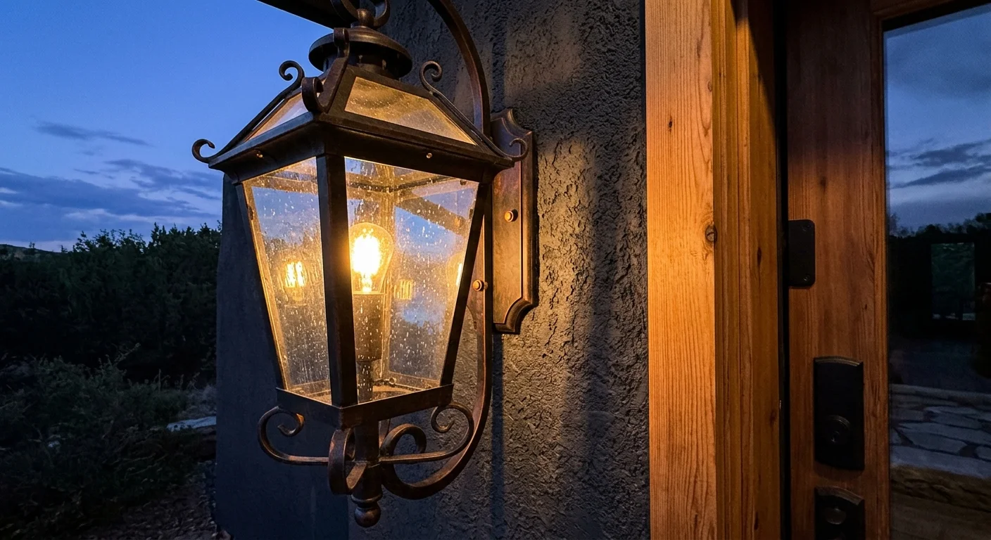 Close-up of a large oil-rubbed bronze outdoor lantern emitting a warm amber glow against a dark stucco wall at twilight.