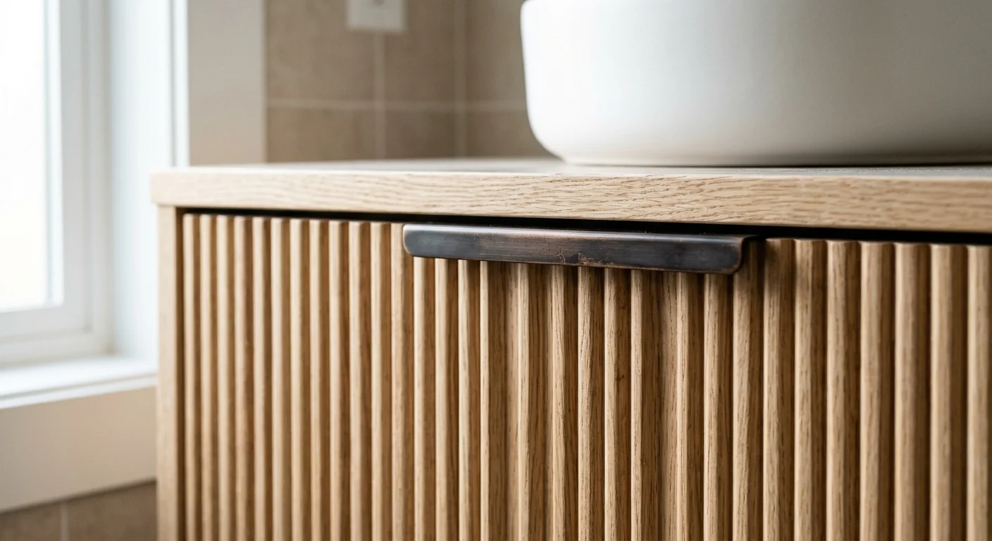 Close-up of a light white oak bathroom vanity drawer front featuring vertical reeded woodwork and a bronze edge pull.
