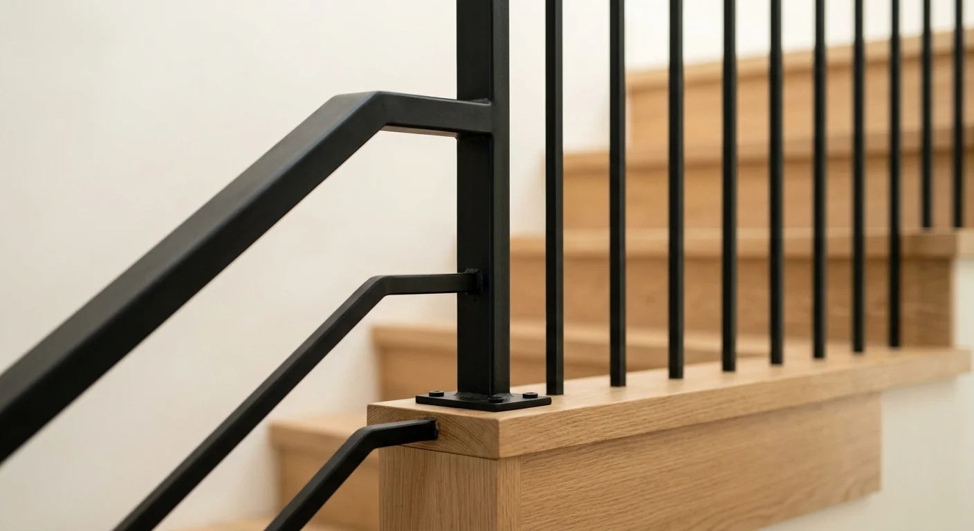 Close-up of a modern matte-black custom iron handrail against light oak wood stair steps.