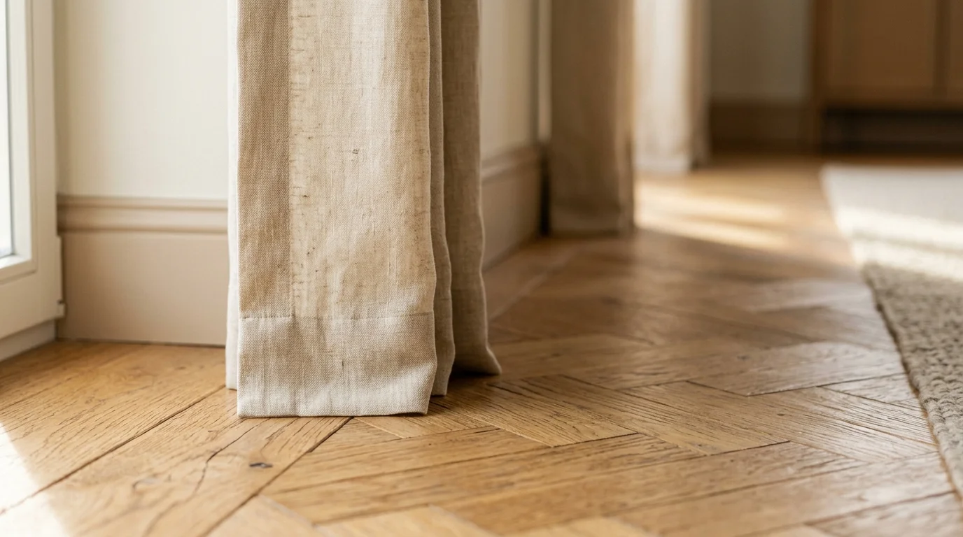 Beige linen curtain hem gently touching a herringbone oak hardwood floor in a sunlit room.