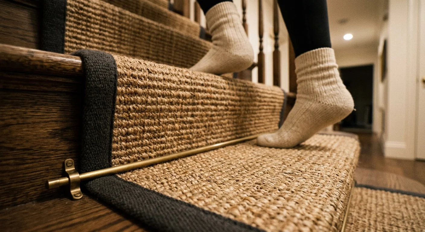 Close-up of a textured sisal stair runner with a brass rod on wooden steps, with a person in knit socks stepping upward.