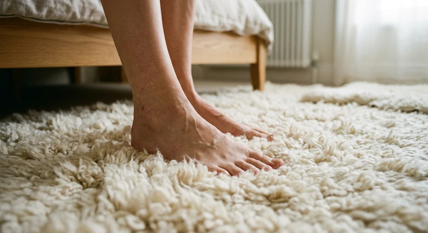 Close-up of bare feet stepping onto a thick, cloud-like off-white shearling rug in soft morning light.