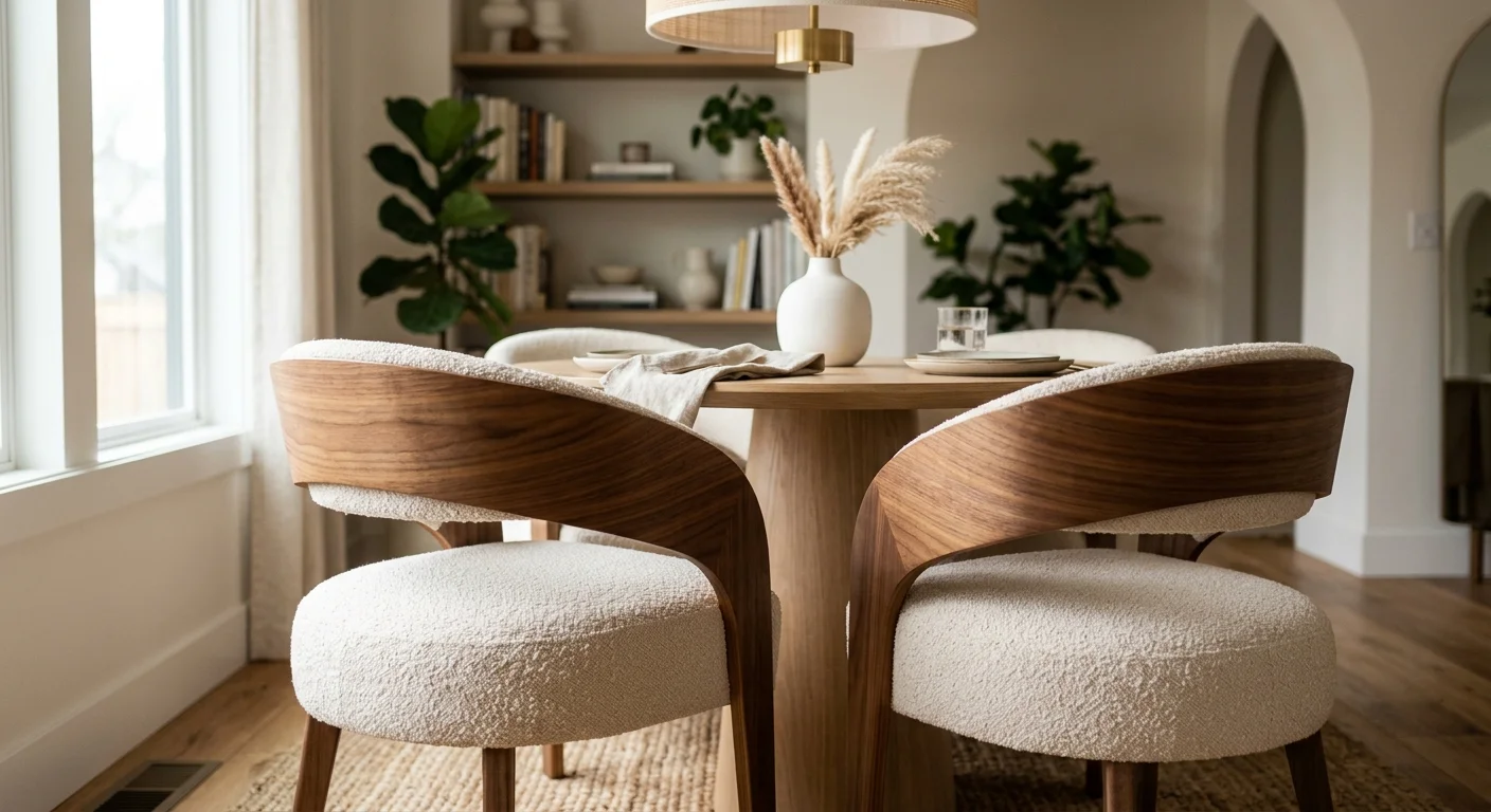 Close-up of curved dining chairs upholstered in cream bouclé fabric tucked around a round oak dining table.