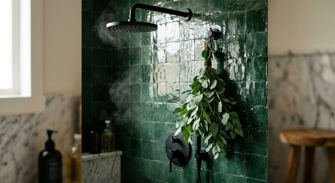 Close-up of glossy deep forest green zellige bathroom tiles with a matte black shower head and hanging eucalyptus.