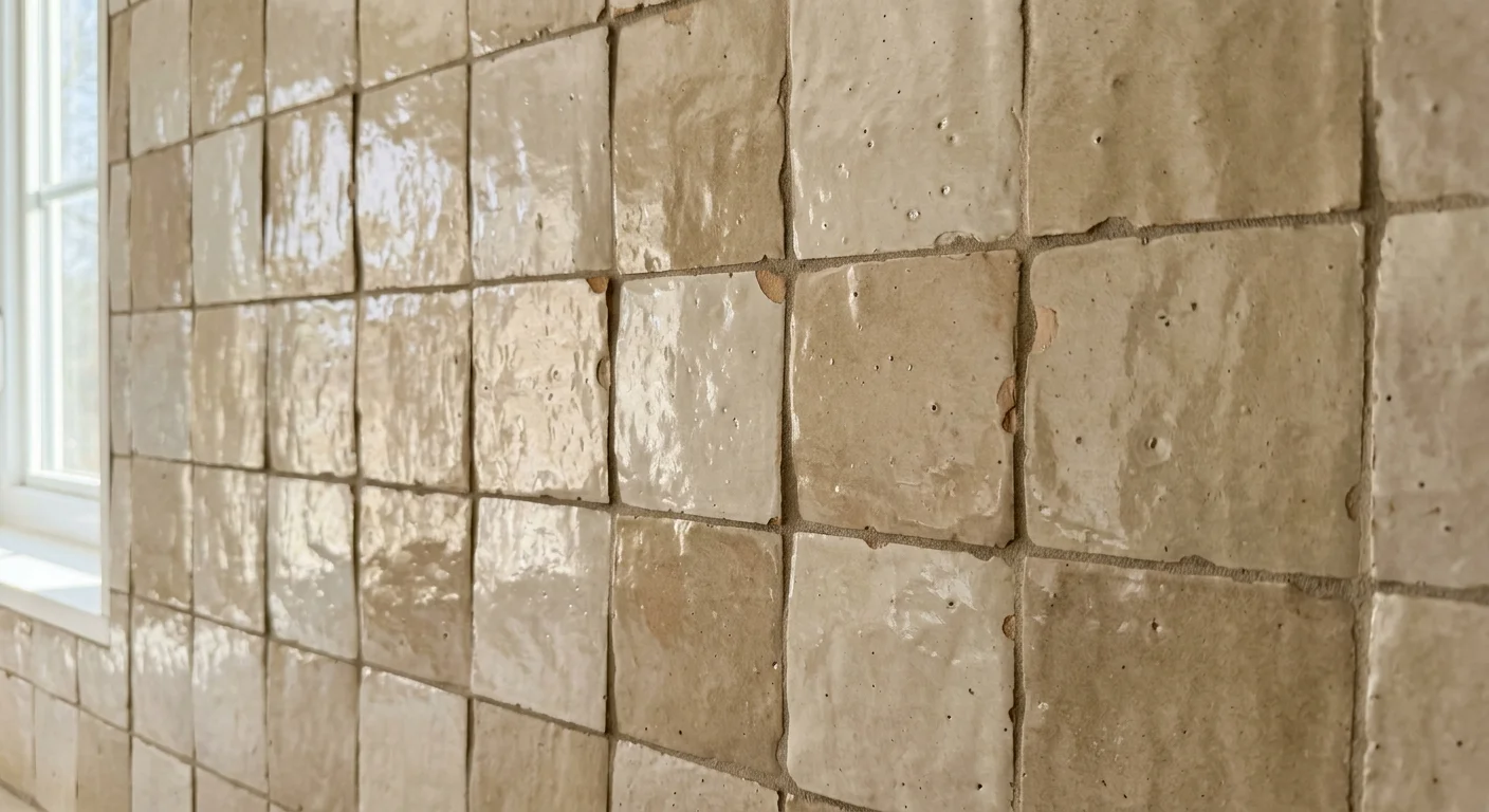 Close-up of hand-glazed zellige tiles in sand tones, showing natural color variations and textured, uneven surfaces.