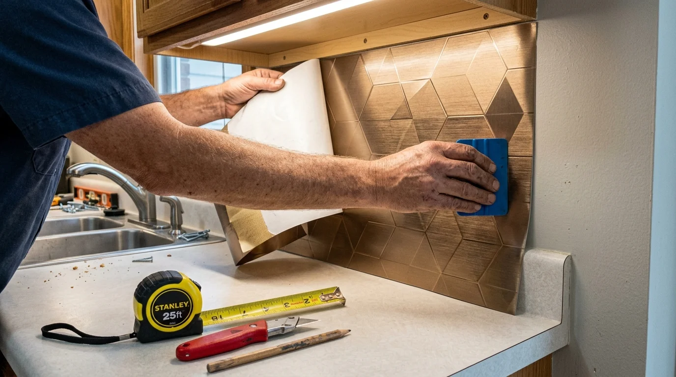 Close-up of hands applying a brushed bronze peel-and-stick vinyl tile backsplash on a kitchen wall.