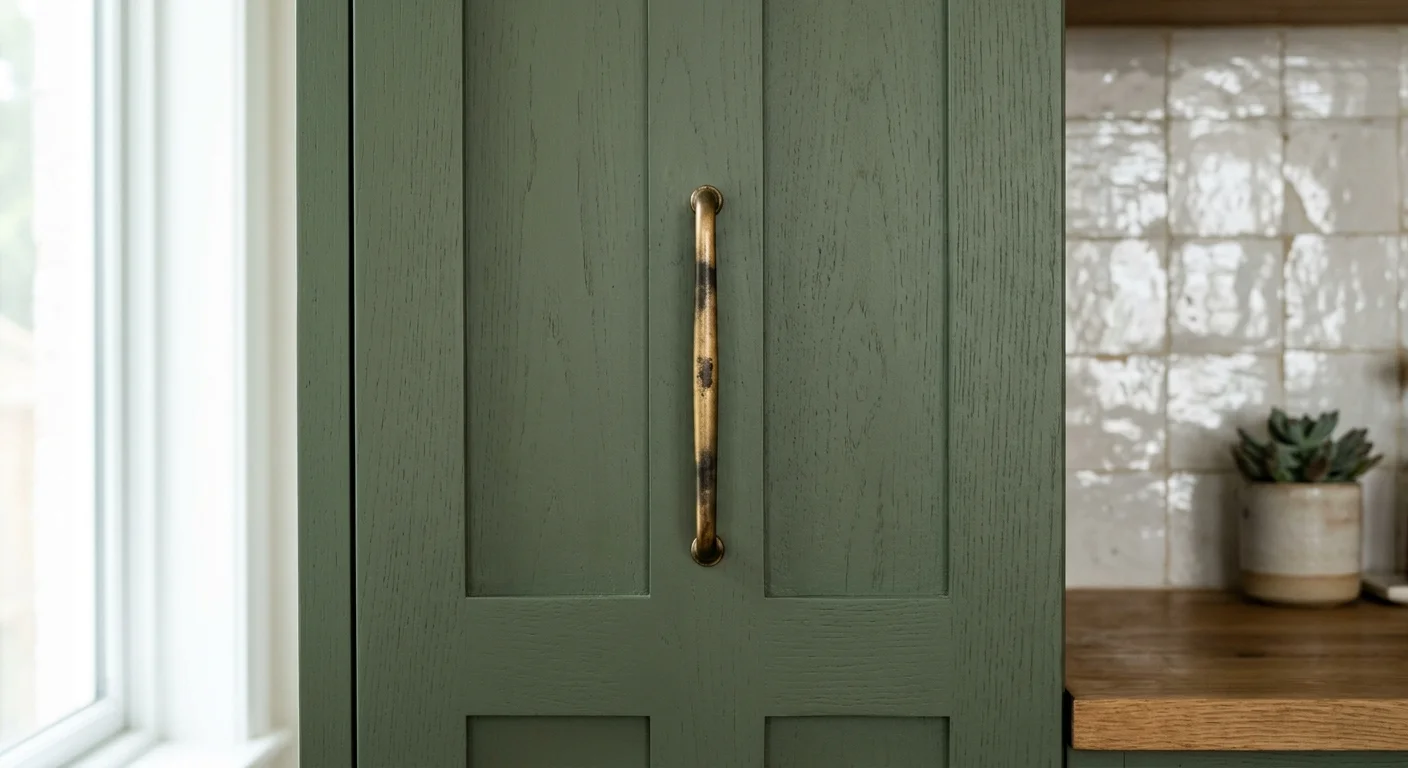 Close-up of matte sage green kitchen cabinets with an unlacquered brass pull handle against a textured tile backsplash.