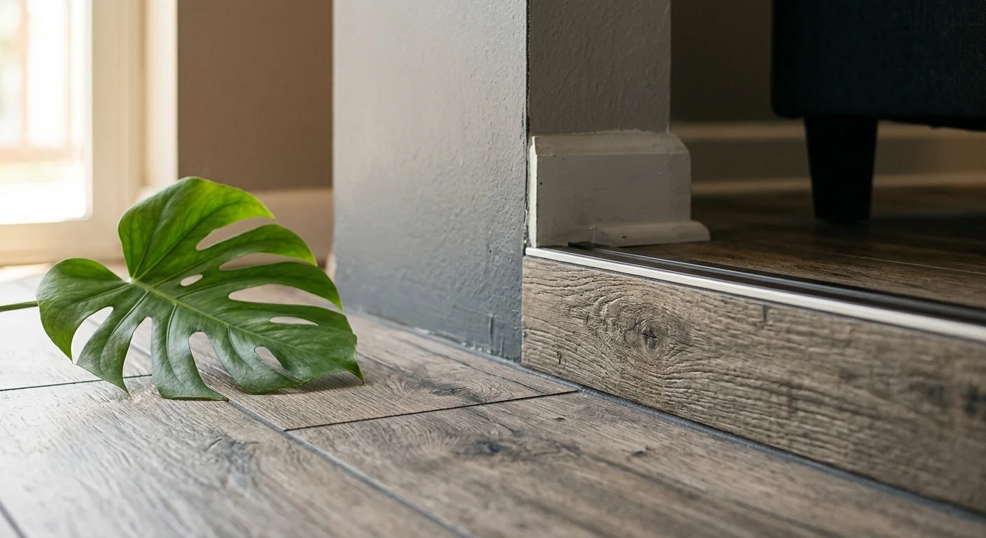 Close-up of wood-look porcelain tile flooring showing realistic wire-brushed grain textures and crisp mineral edges.