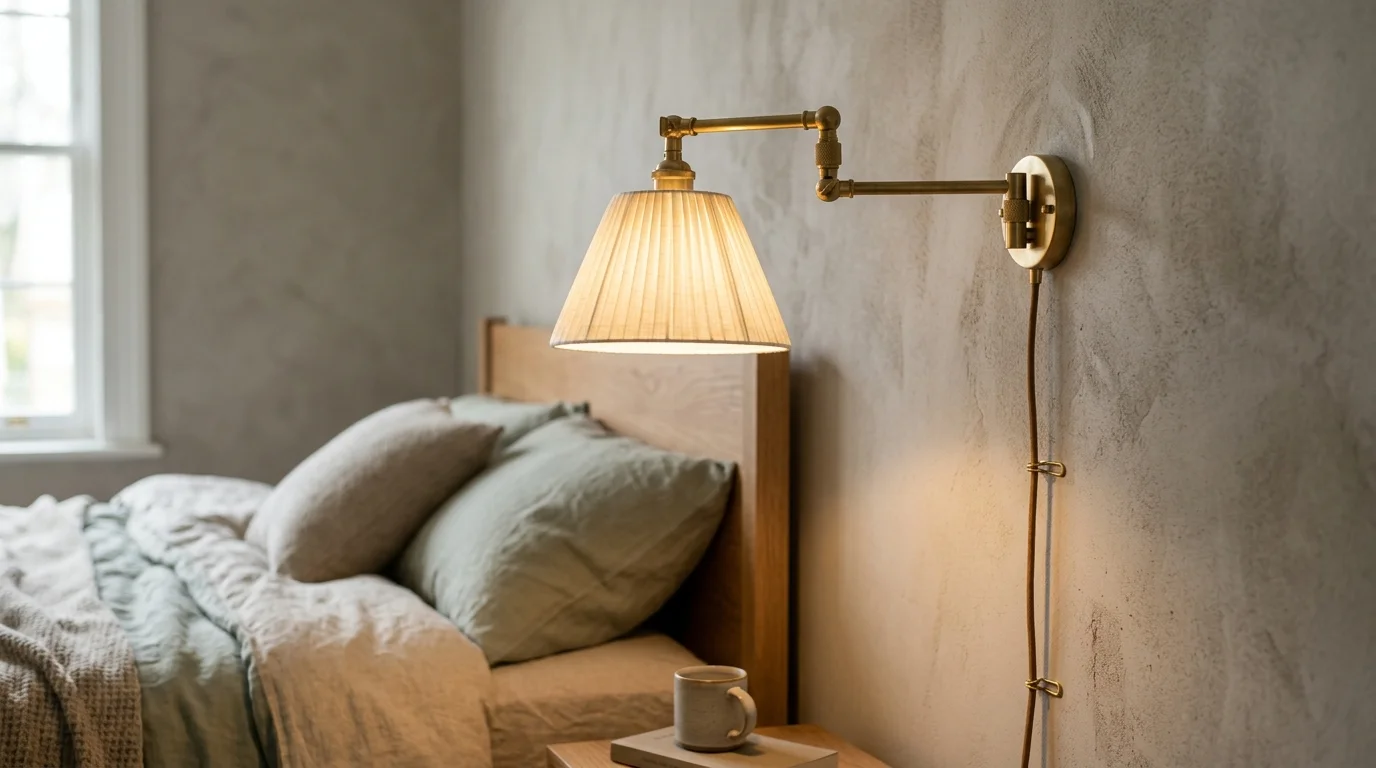 Close-up photo of an articulated brass plug-in wall sconce with a pleated shade casting warm light on a greige wall.