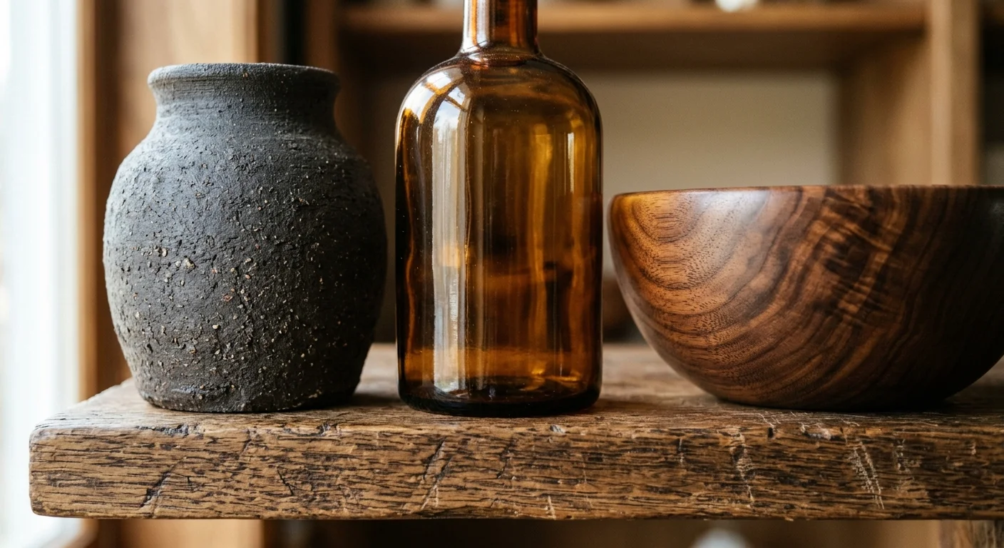 Close-up photo showing the tactile contrast between rough stoneware, smooth amber glass, and polished walnut wood.
